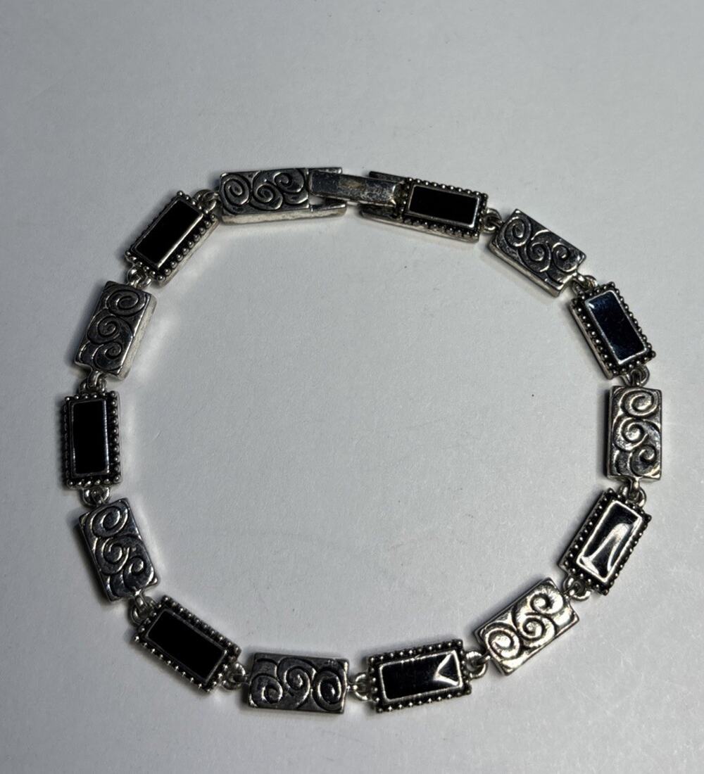 Napier Black Silver Tone Rectangular Link Bracelet Scroll Design Foldover Clasp